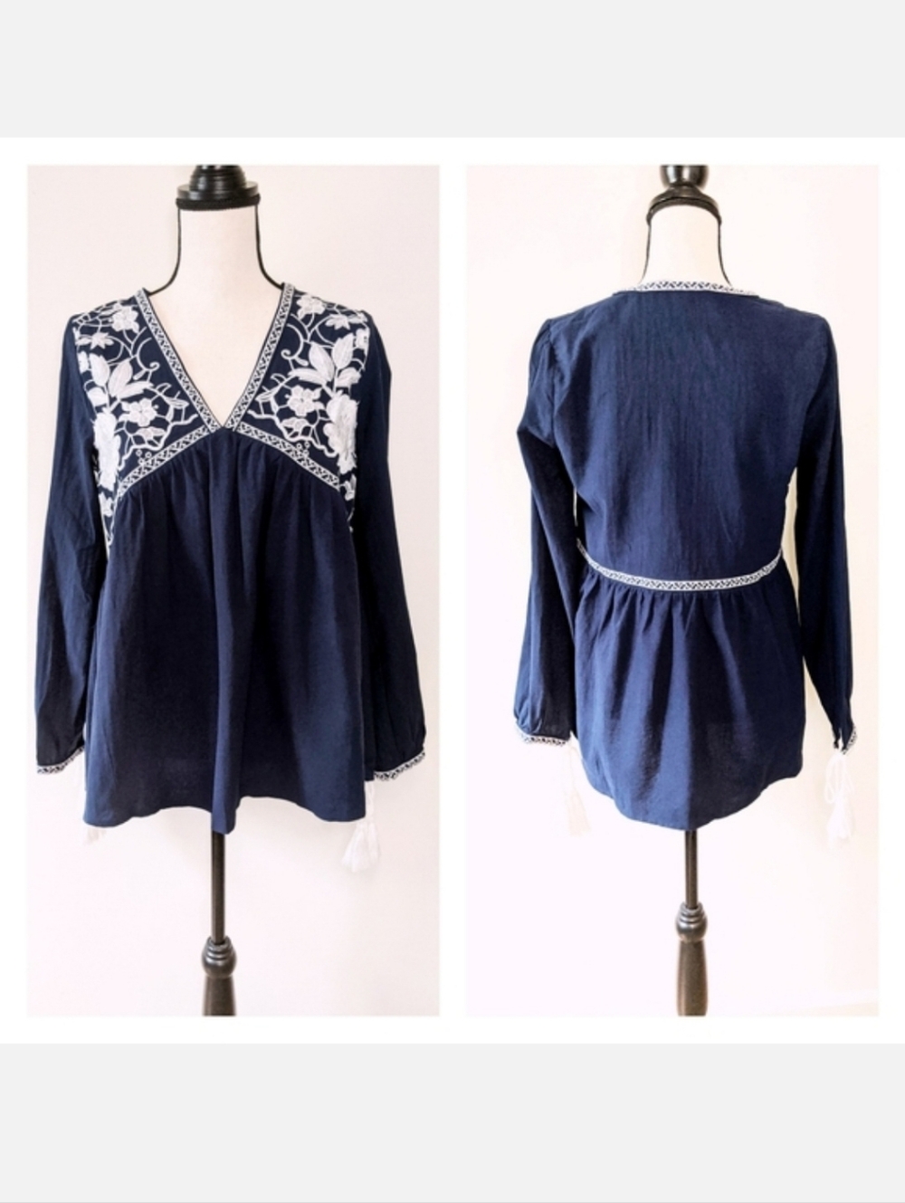 🦋LAST🦋 NWT Andree Navy Cotton Boho Blouse, Size Medium